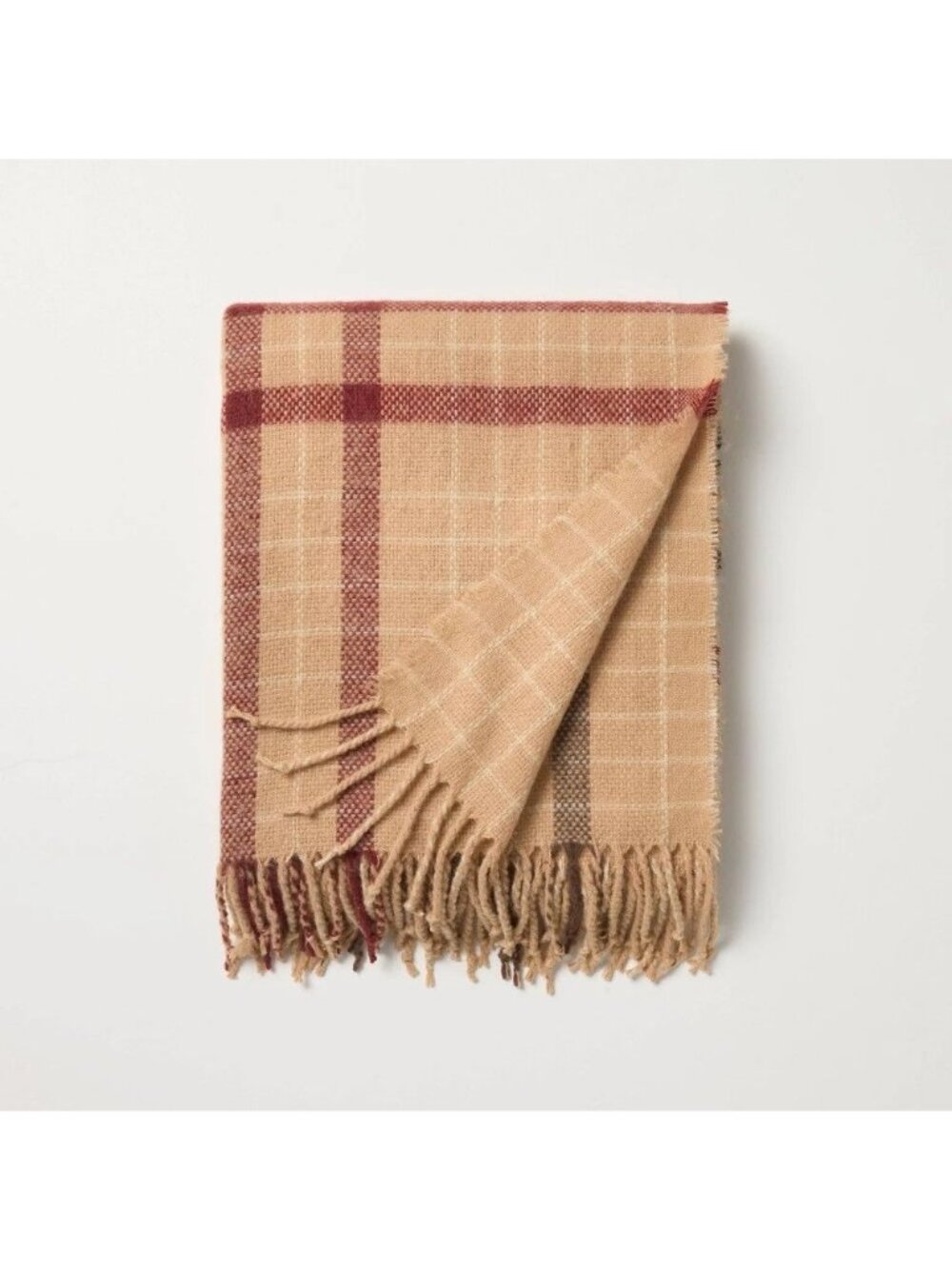 Hearth & Hand With Magnolia Tan & Red Plaid Throw Blanket With Fringe 60"x50"